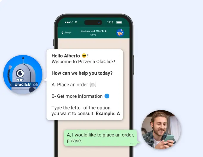 Chatbot WhatsApp da OlaClick no celular respondendo e confirmando pedidos de um cliente da Pizzaria OlaClick