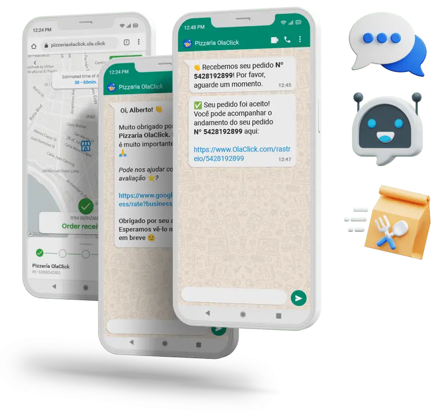 Celulares mostrando notificações automáticas do chatbot WhatsApp da OlaClick: pedido recebido, aceito e em preparo