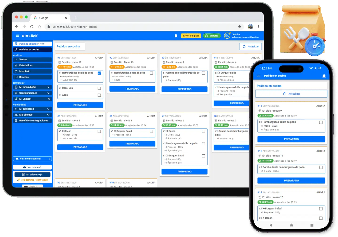 Sistema KDS da OlaClick em tablet e celular mostrando os pedidos de uma cozinha organizados em tempo real