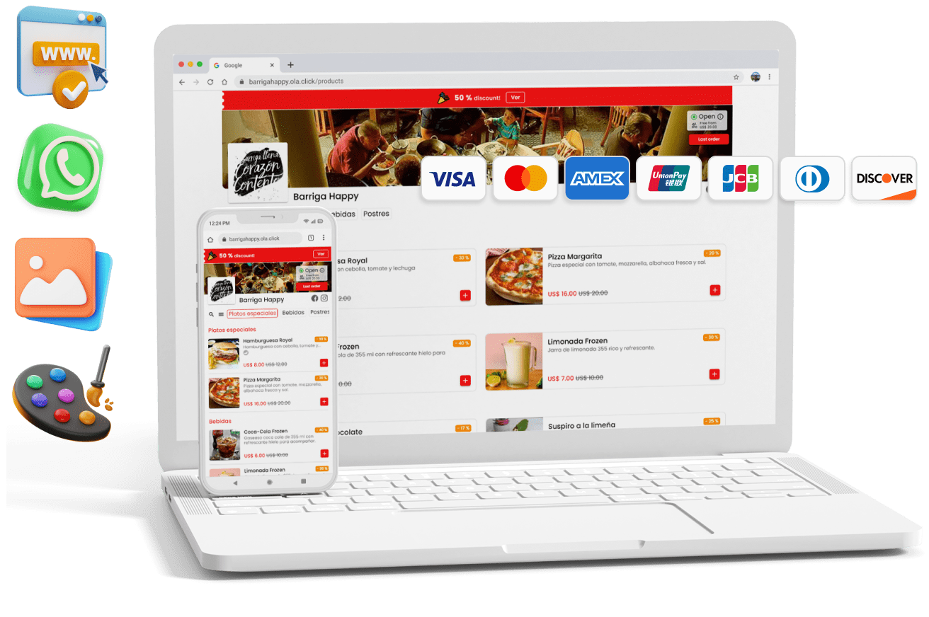 Sistema KDS da OlaClick com cardápio digital em um laptop, integrado a pagamentos e canais de venda