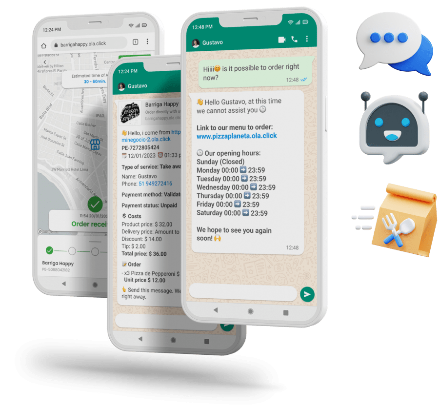Chatbot da OlaClick no WhatsApp integrado ao sistema KDS respondendo pedidos automaticamente