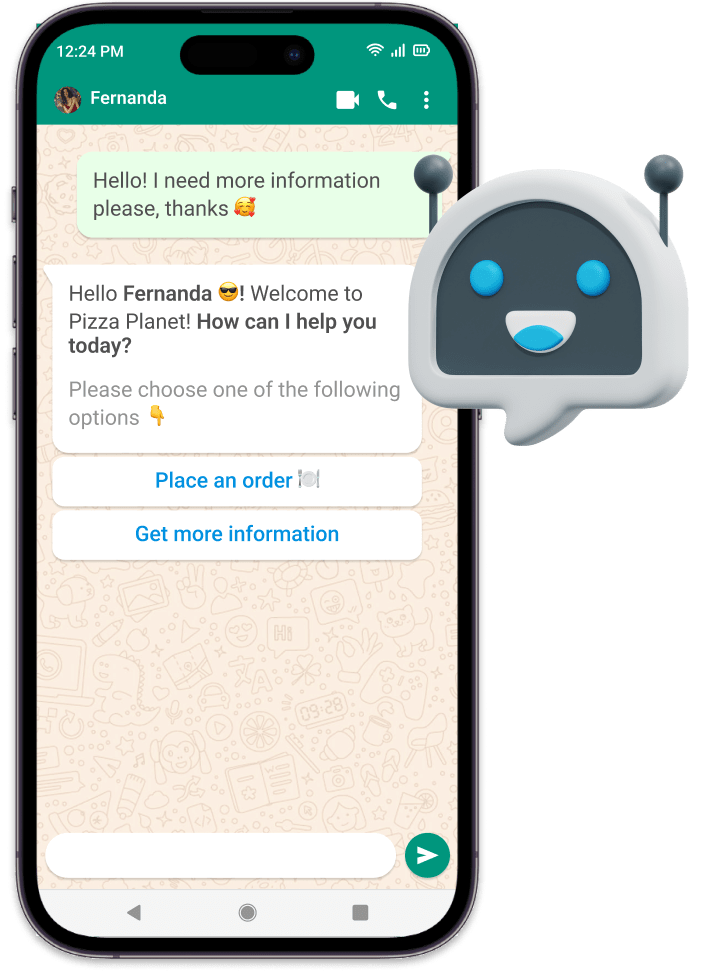 Celular mostrando o WhatsApp Chatbot da OlaClick atendendo um cliente