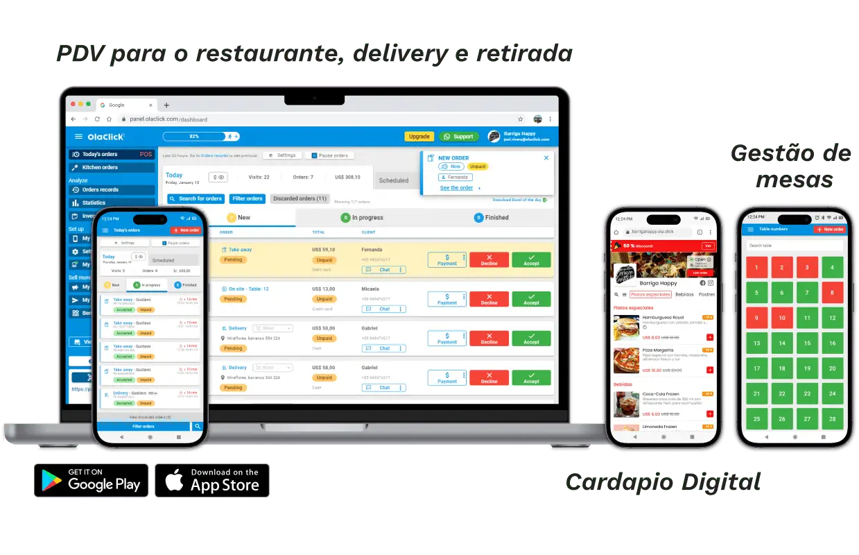 Garçom digital da OlaClick no computador e celular: PDV para restaurante, delivery e retirada, cardápio digital e gestão de mesas