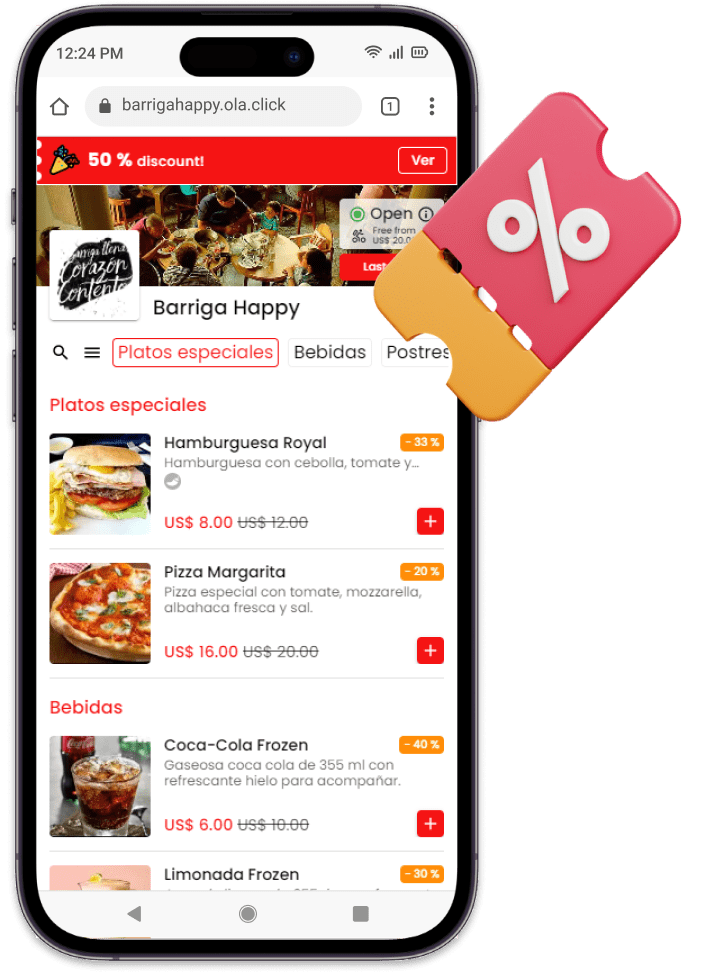 Celular com cardápio web e cupons de desconto em destaque