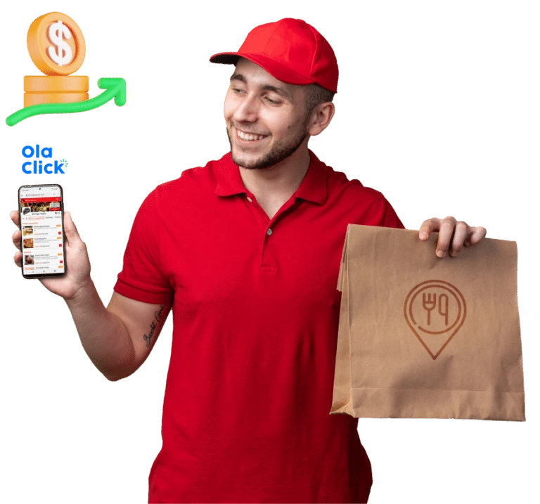 Entregador da OlaClick com uma sacola de delivery e o celular mostrando o cardápio digital do restaurante