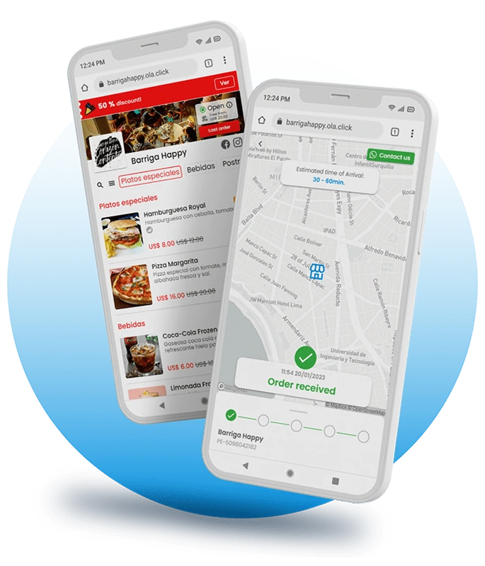 Celulares mostrando o cardápio web e a gestão de pedidos da OlaClick