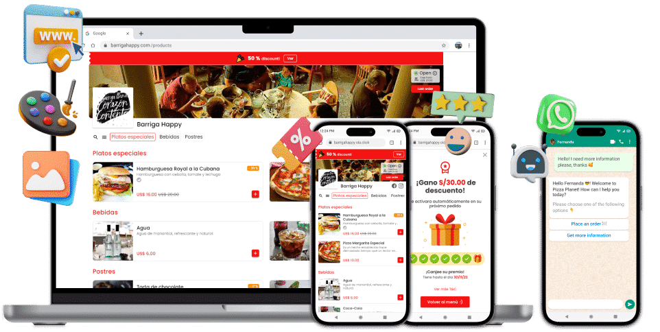 Cardápio digital da OlaClick em laptop, tablet e celular com pedidos por QR code e WhatsApp
