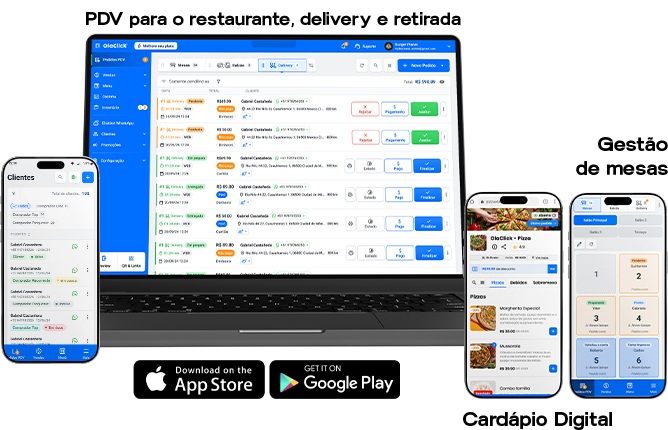 PDV da OlaClick em laptop e celular — pedidos do restaurante, delivery e retirada, cardápio digital e gestão de mesas