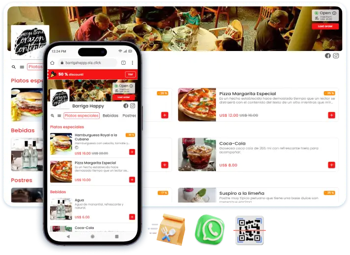 Cardápio digital da OlaClick em celular e computador mostrando o cardápio de um restaurante com fotos e preços